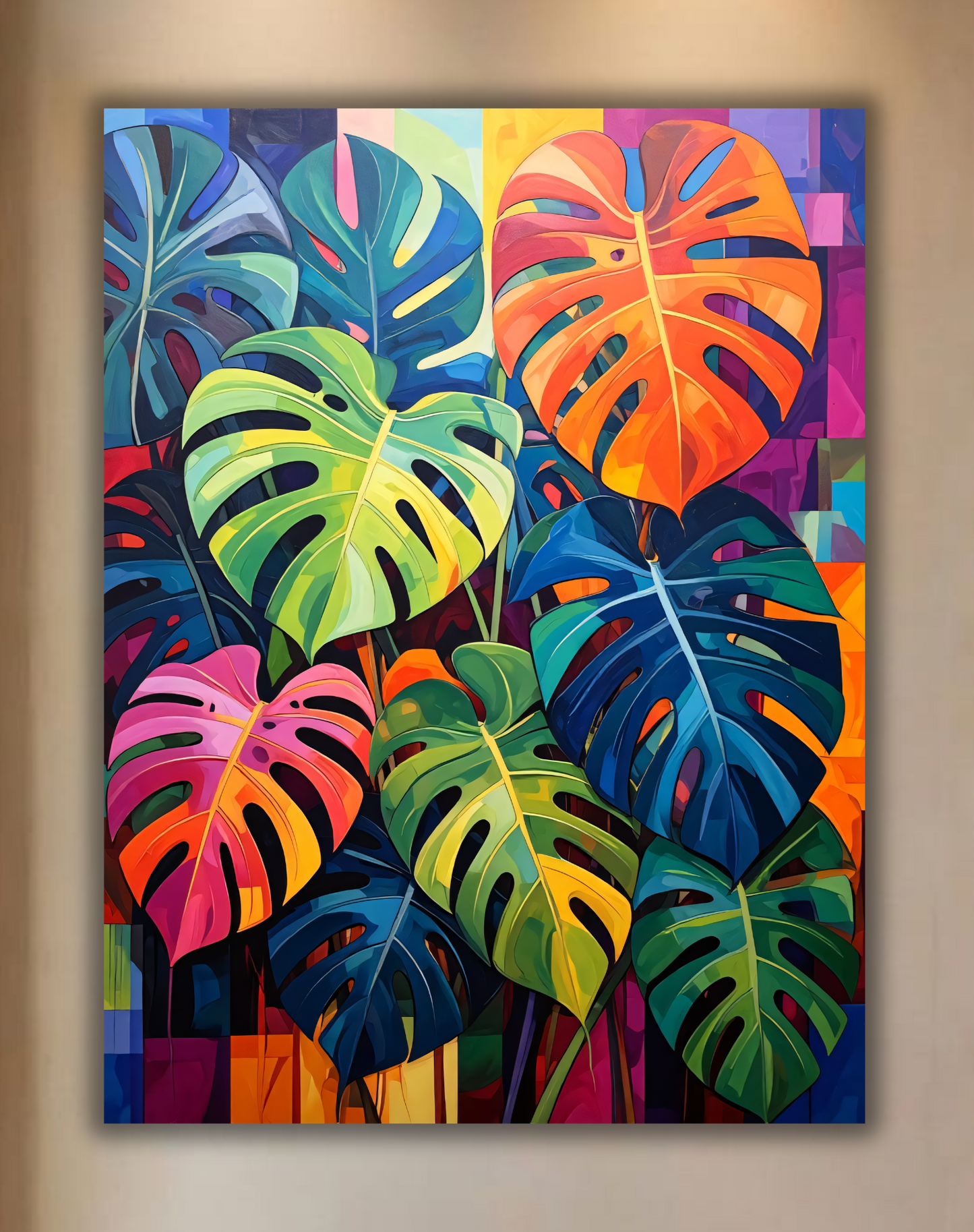 Vibrant Rainbow Monstera Leaves Canvas Print - Modern Abstract Tropical Wall Decor