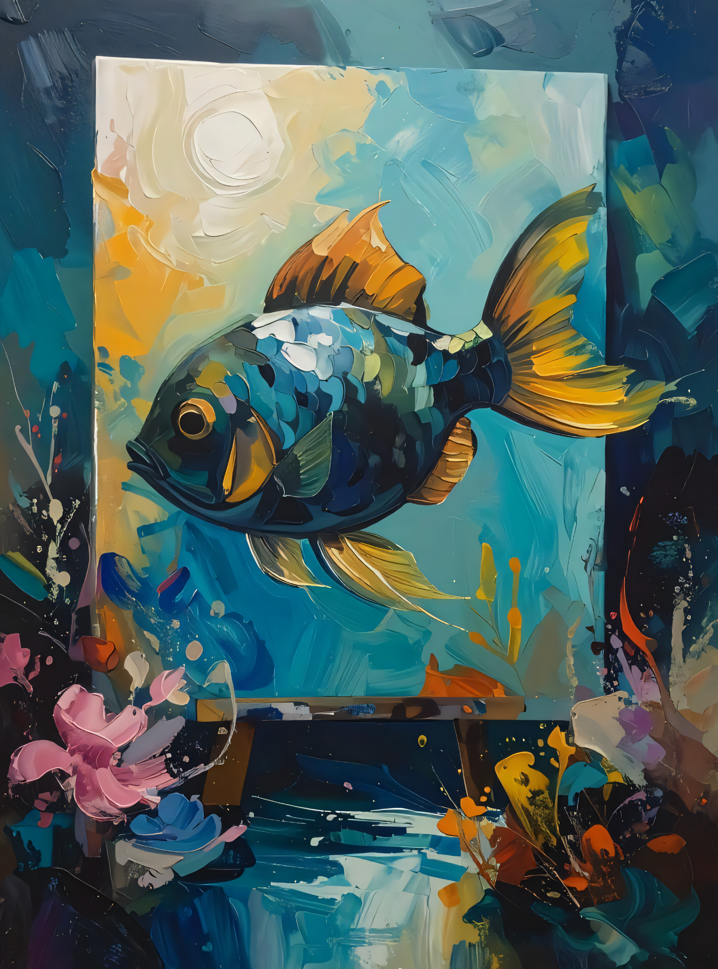 Vibrant Ocean Fish Canvas Print - Impasto Oil Painting Inspired Coastal Wall Art