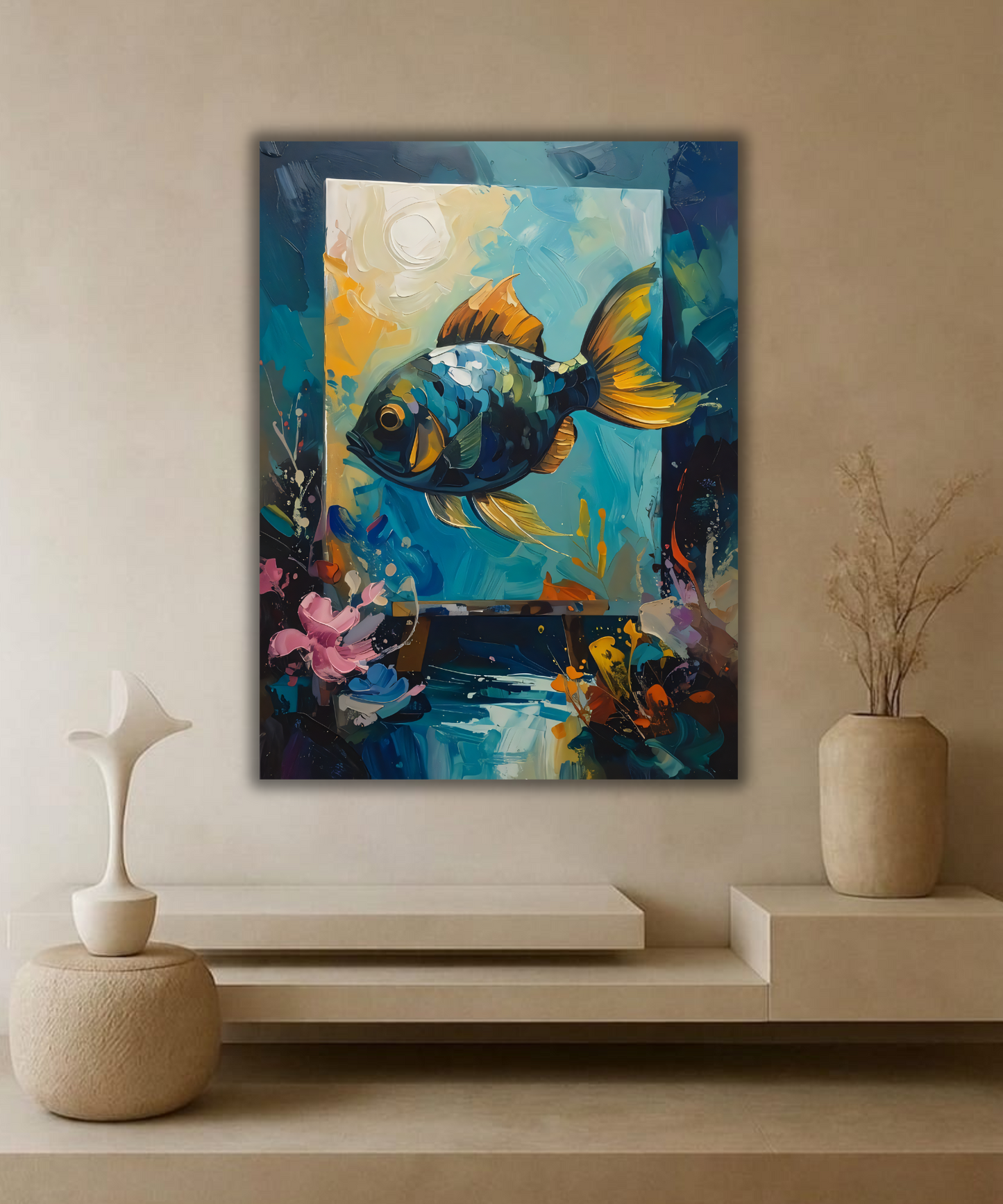 Vibrant Ocean Fish Canvas Print - Impasto Oil Painting Inspired Coastal Wall Art