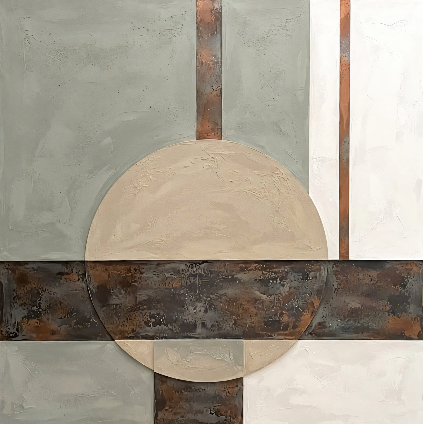 Modern Minimalist Abstract Geometric Canvas Print - Textured Sage Grey & Copper Wall Art