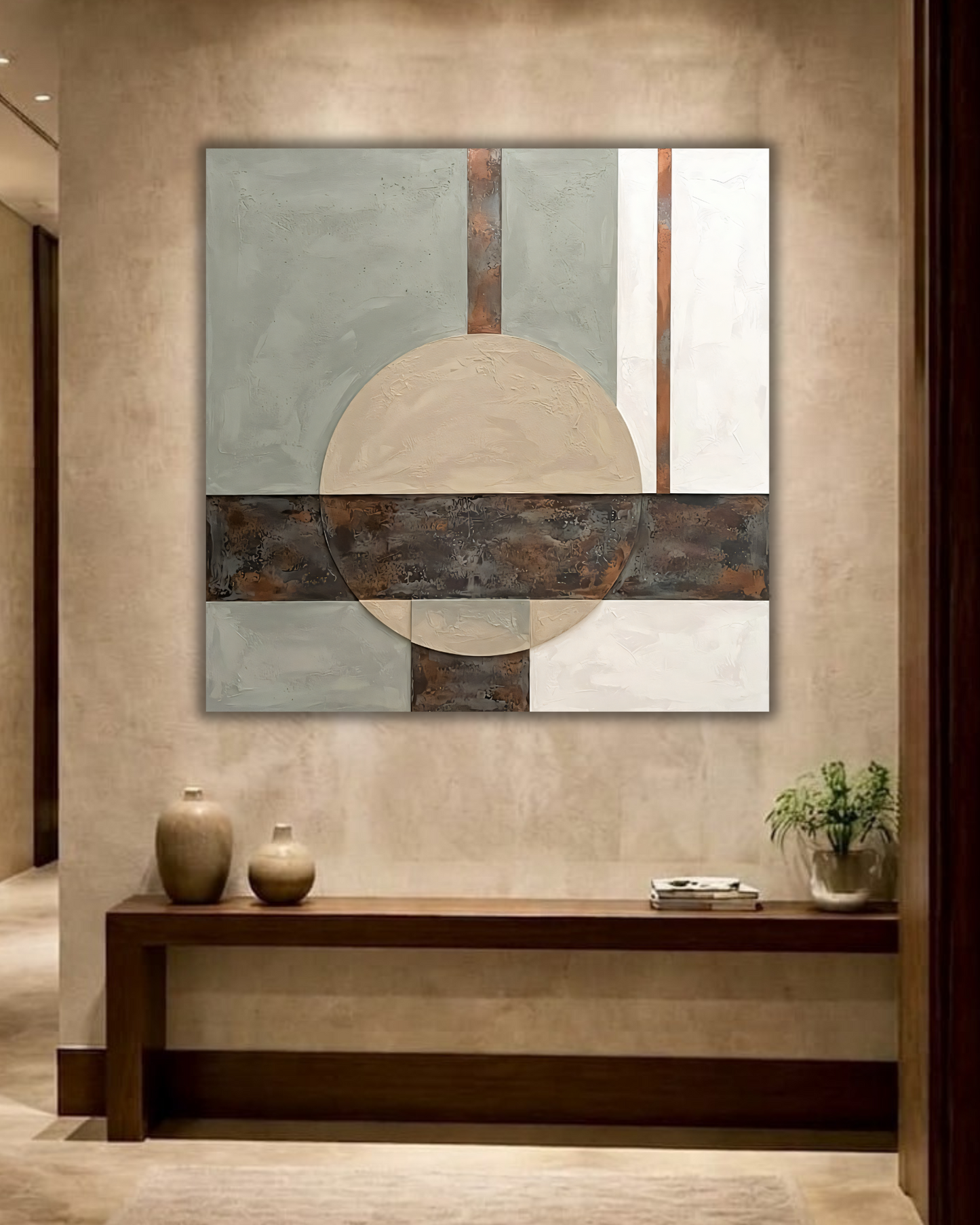 Modern Minimalist Abstract Geometric Canvas Print - Textured Sage Grey & Copper Wall Art