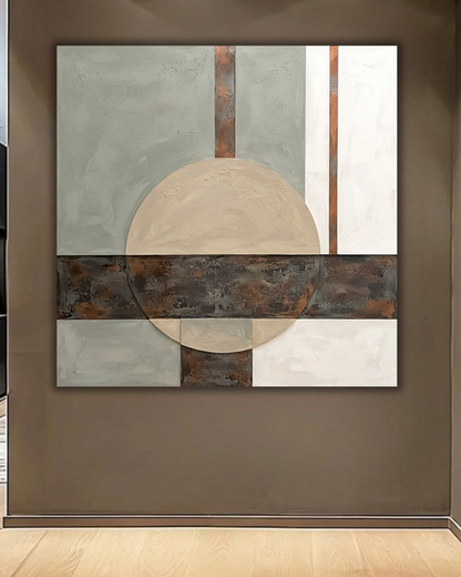 Modern Minimalist Abstract Geometric Canvas Print - Textured Sage Grey & Copper Wall Art