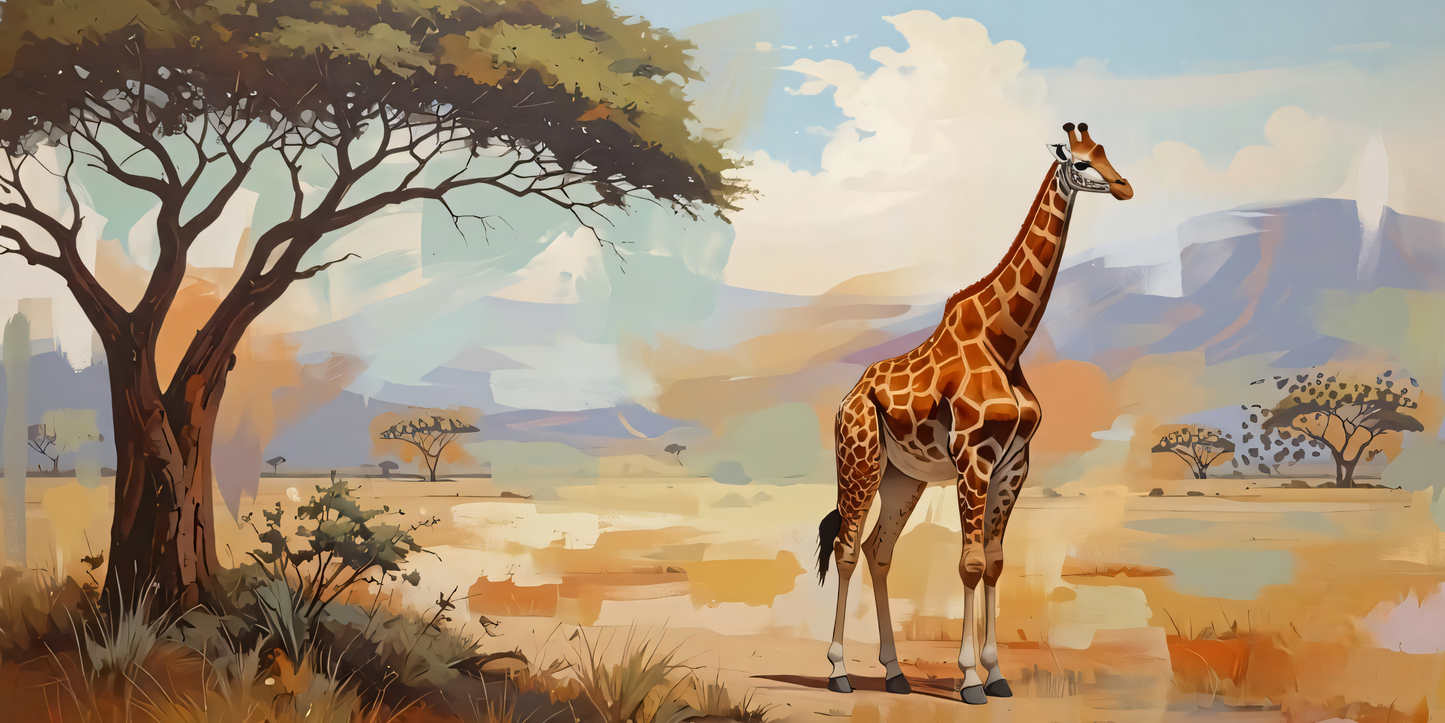 African Savannah Giraffe Landscape Canvas Print - Panoramic Acacia Tree Wildlife Wall Art