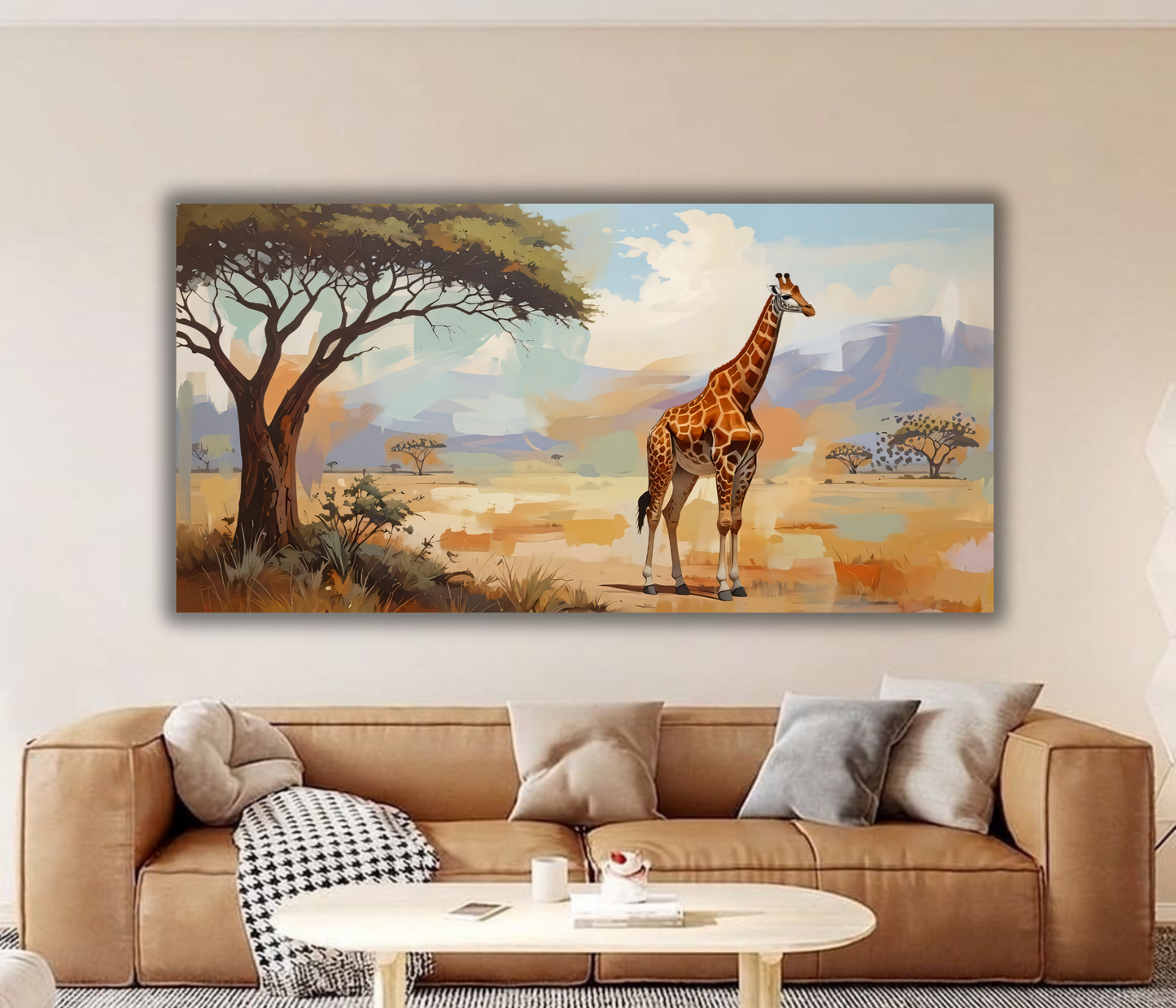 African Savannah Giraffe Landscape Canvas Print - Panoramic Acacia Tree Wildlife Wall Art