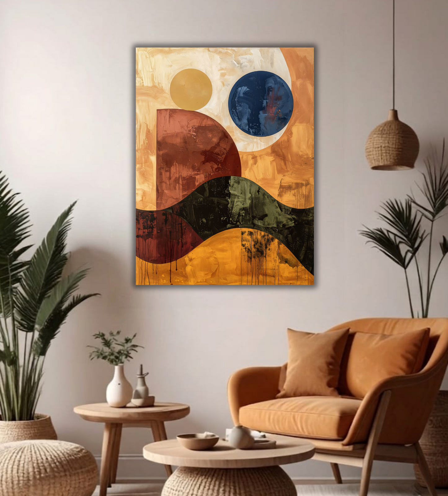 Modern Mid-Century Abstract Geometric Canvas Print - Textured Terracotta & Navy Spheres Wall Art