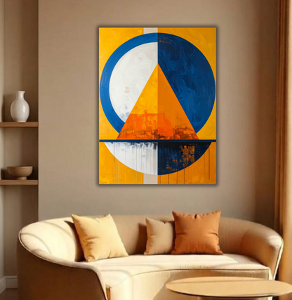 Modern Bauhaus Pyramid Canvas Print - Blue & Golden Yellow Geometric Abstract Wall Art