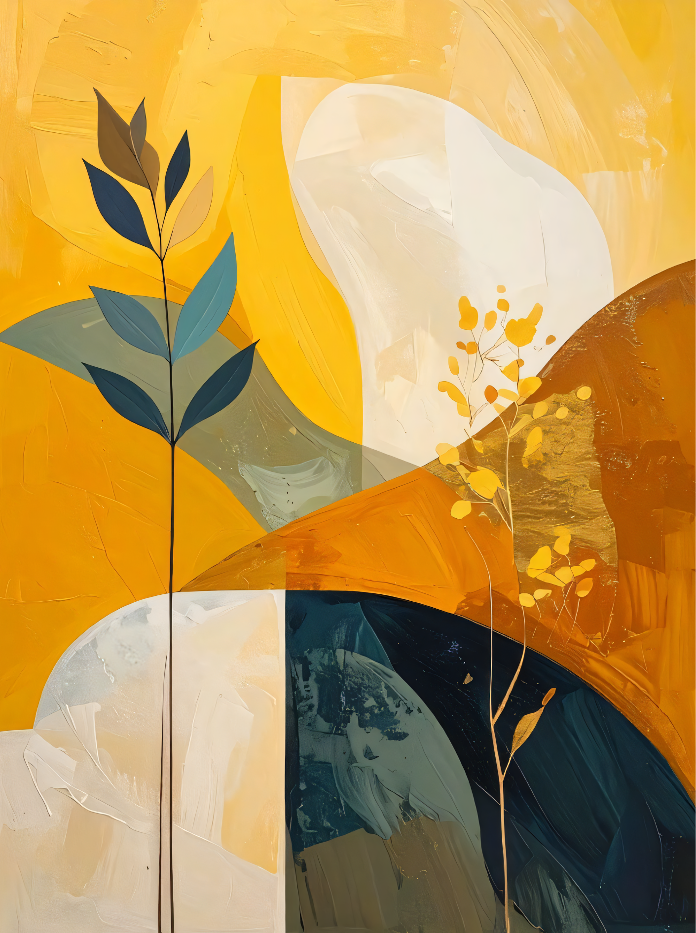 Modern Abstract Botanical Canvas Print - Warm Mustard Yellow & Teal Leaf Wall Art