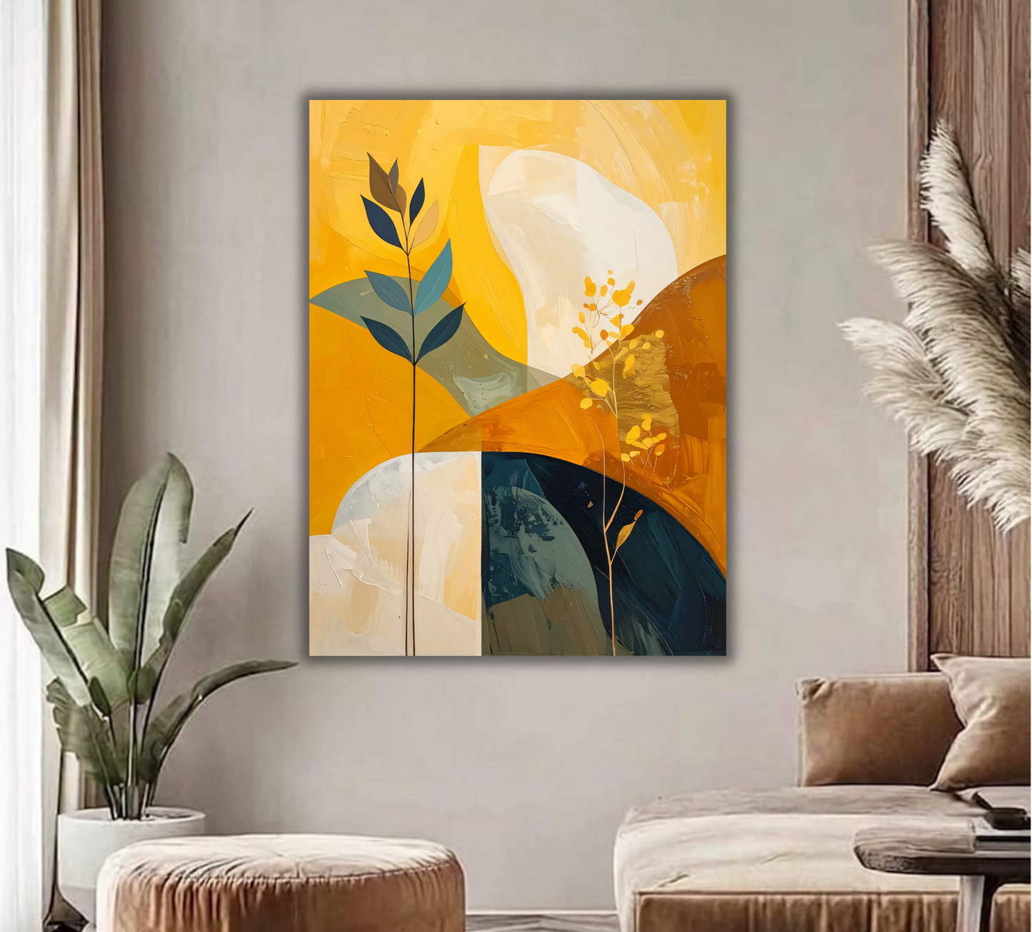 Modern Abstract Botanical Canvas Print - Warm Mustard Yellow & Teal Leaf Wall Art