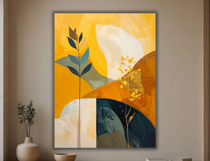 Modern Abstract Botanical Canvas Print - Warm Mustard Yellow & Teal Leaf Wall Art