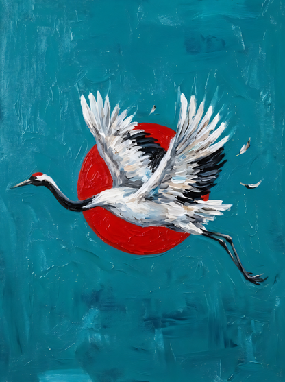 Japanese Red-Crowned Crane Canvas Print - Impasto Teal & Crimson Sun Wildlife Wall Art