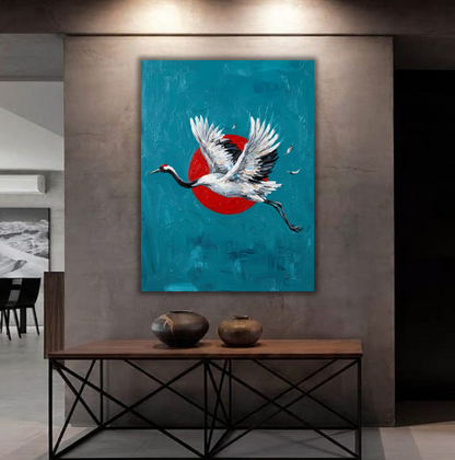 Japanese Red-Crowned Crane Canvas Print - Impasto Teal & Crimson Sun Wildlife Wall Art