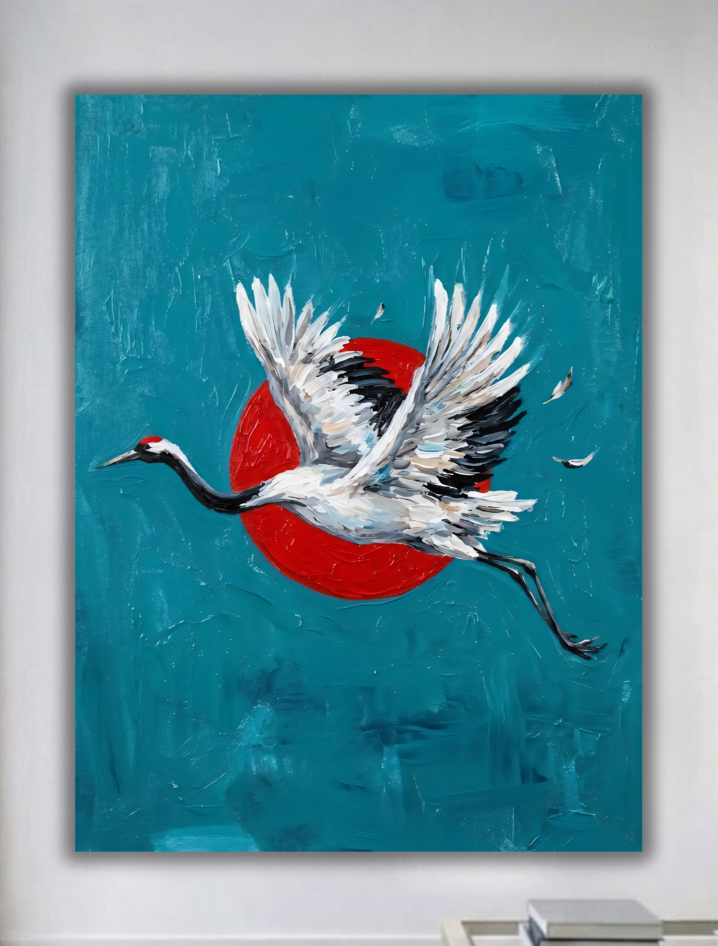 Japanese Red-Crowned Crane Canvas Print - Impasto Teal & Crimson Sun Wildlife Wall Art