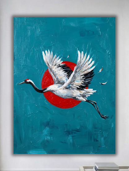 Japanese Red-Crowned Crane Canvas Print - Impasto Teal & Crimson Sun Wildlife Wall Art