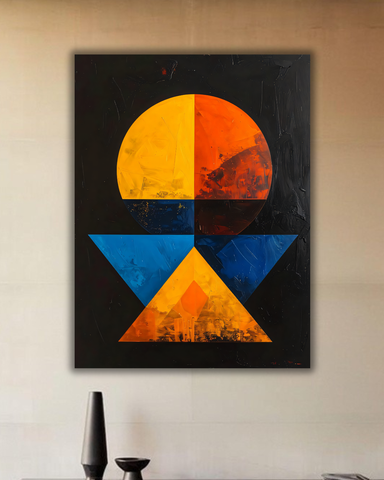 Modern Bauhaus Geometric Abstract Canvas Print - High Contrast Solar Sphere & Triangle Wall Art