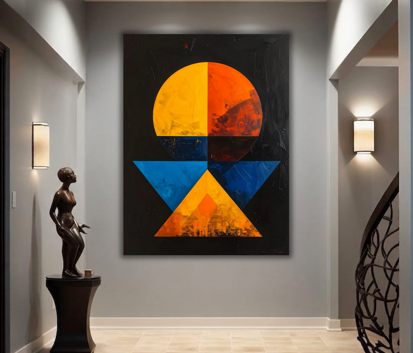 Modern Bauhaus Geometric Abstract Canvas Print - High Contrast Solar Sphere & Triangle Wall Art