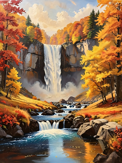 Autumn Waterfall Landscape Canvas Print - Autumn Foliage Forest Impasto Wall Art