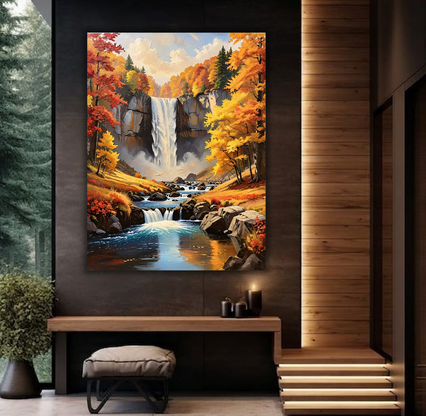 Autumn Waterfall Landscape Canvas Print - Autumn Foliage Forest Impasto Wall Art