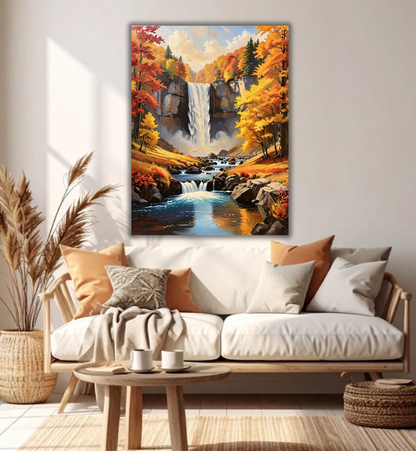 Autumn Waterfall Landscape Canvas Print - Autumn Foliage Forest Impasto Wall Art