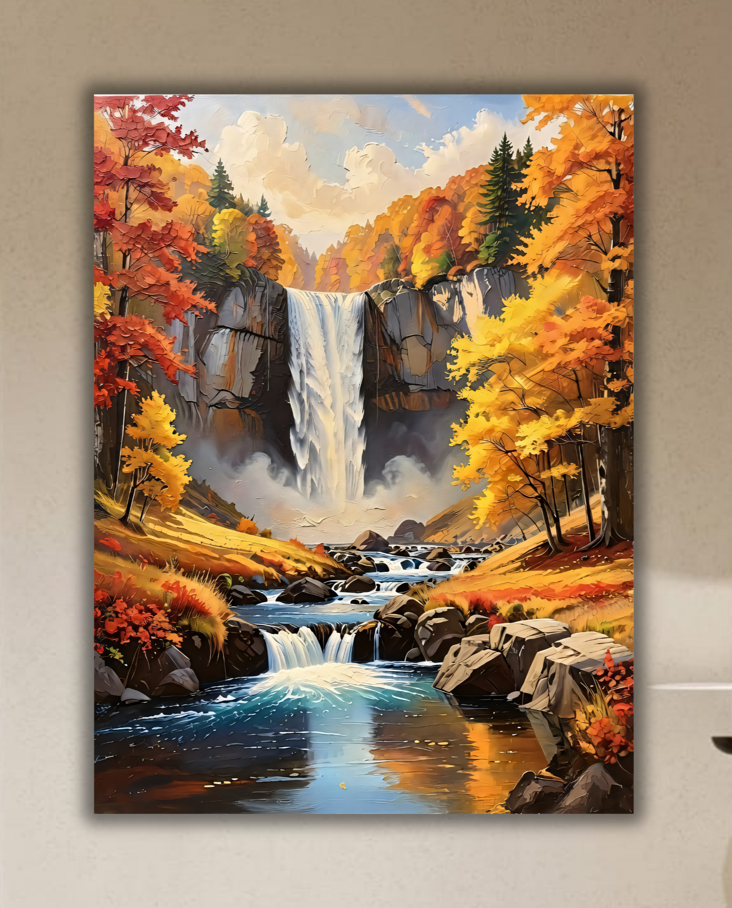 Autumn Waterfall Landscape Canvas Print - Autumn Foliage Forest Impasto Wall Art