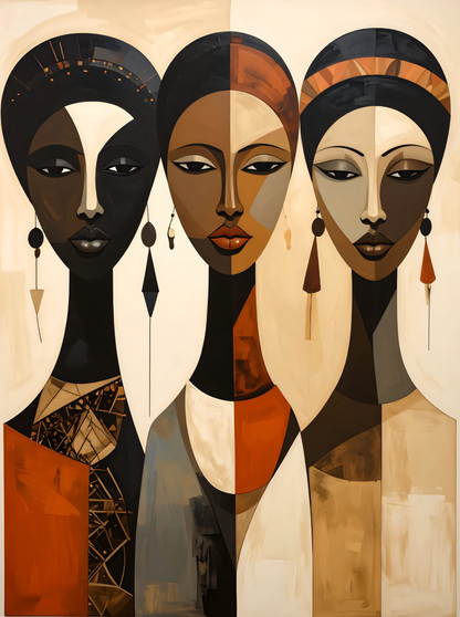 Modern African Women Cubist Portrait Canvas Print - Earthy Terracotta & Gold Wall Art