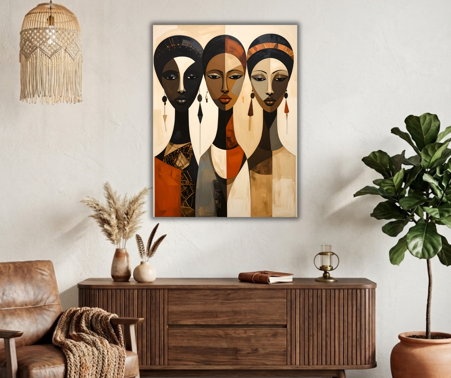 Modern African Women Cubist Portrait Canvas Print - Earthy Terracotta & Gold Wall Art