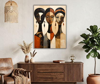 Modern African Women Cubist Portrait Canvas Print - Earthy Terracotta & Gold Wall Art
