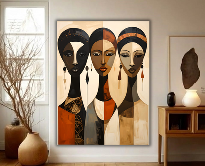 Modern African Women Cubist Portrait Canvas Print - Earthy Terracotta & Gold Wall Art