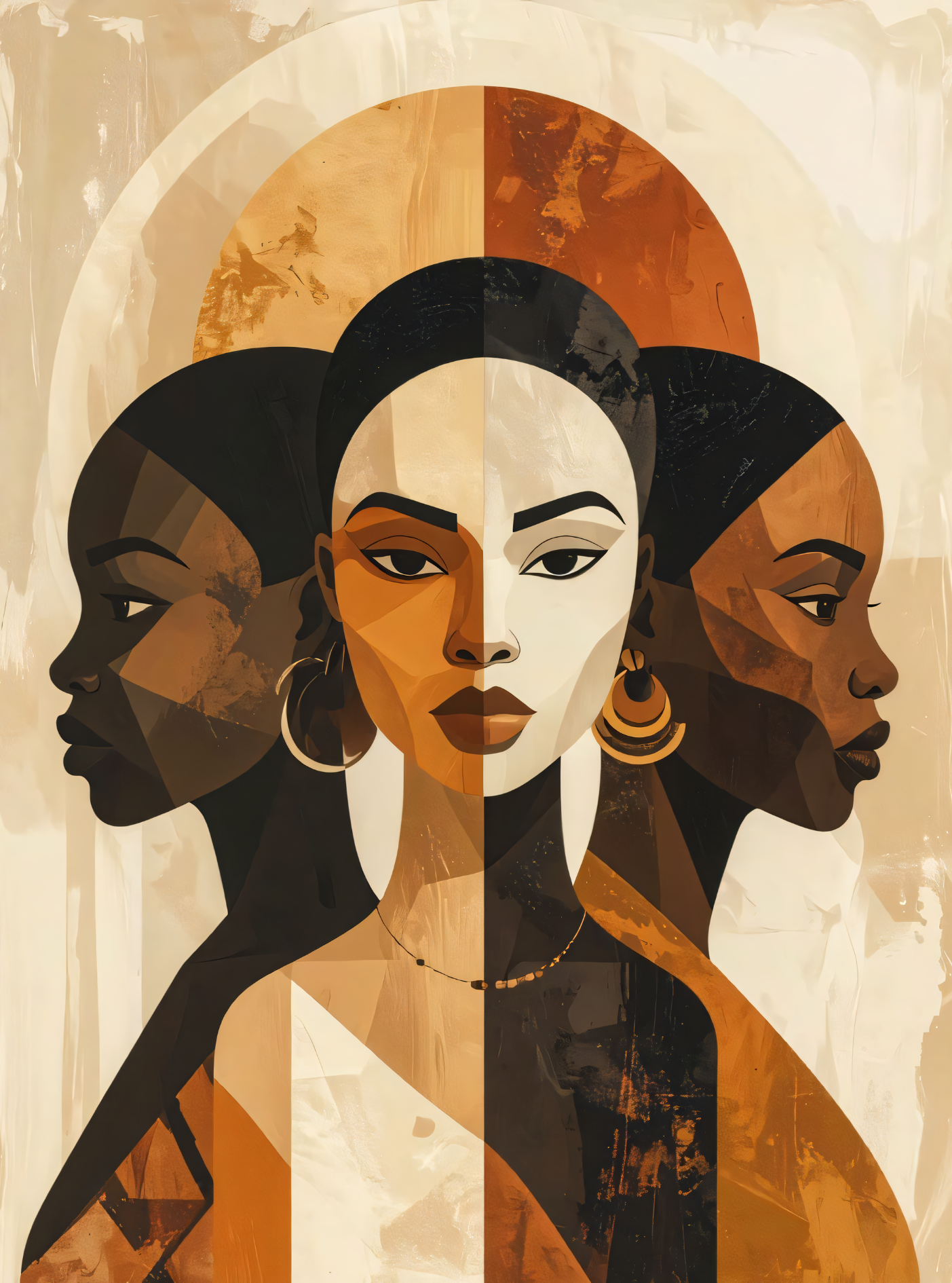 Modern African Women Abstract Portrait Canvas Print - Earthy Terracotta & Gold Wall Art