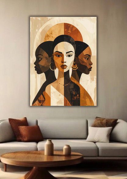 Modern African Women Abstract Portrait Canvas Print - Earthy Terracotta & Gold Wall Art