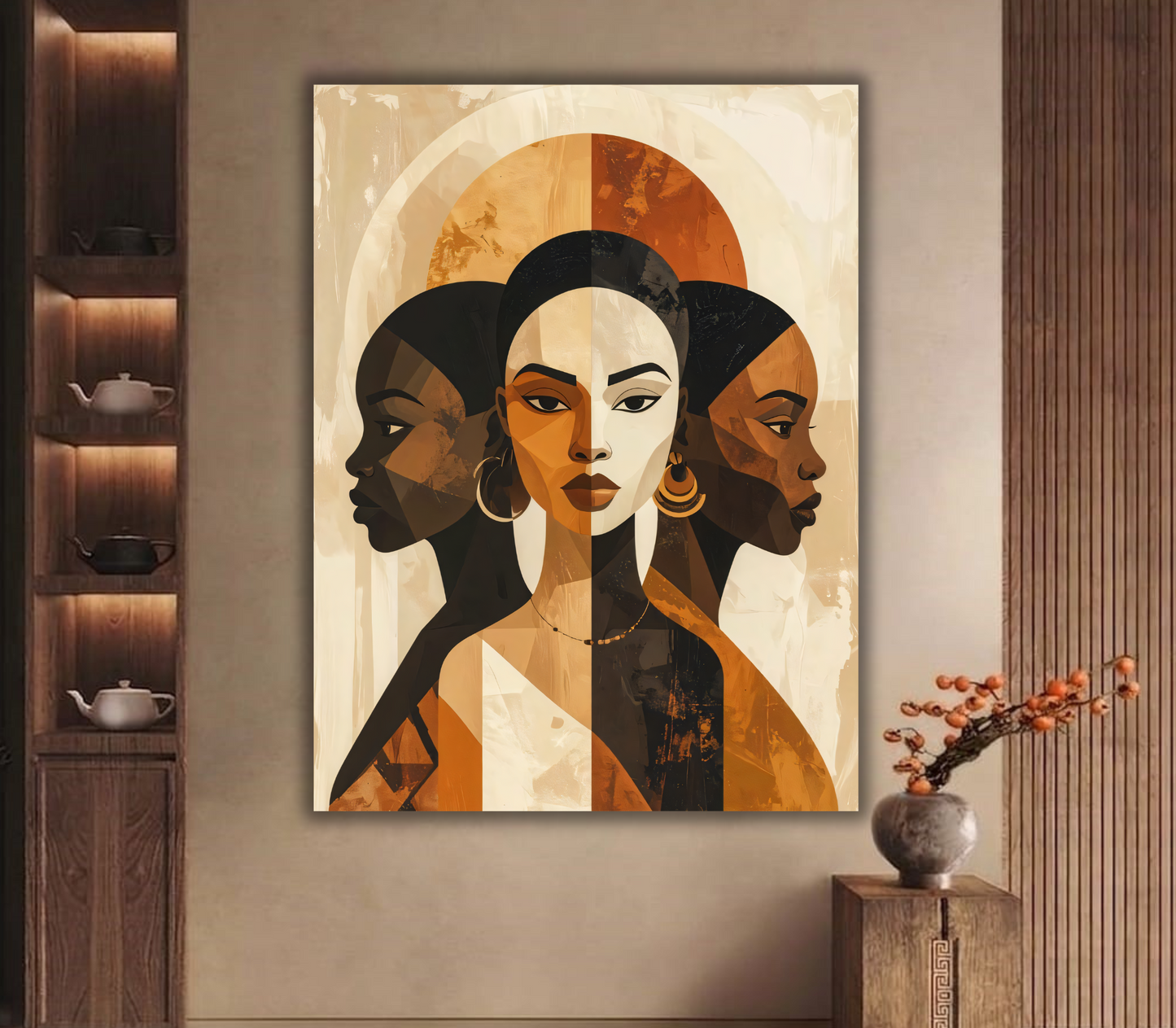 Modern African Women Abstract Portrait Canvas Print - Earthy Terracotta & Gold Wall Art
