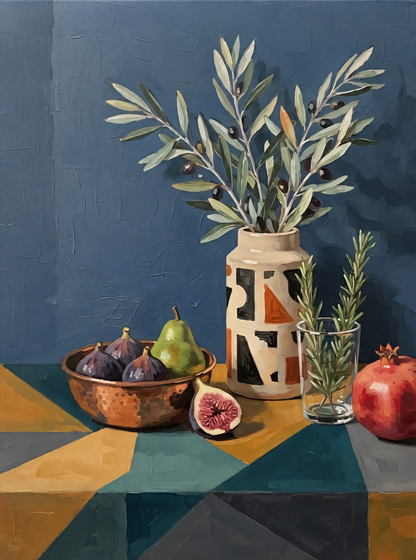 Modern Mediterranean Still Life Canvas Print - Slate Blue Slate & Fig Harvest Wall Art