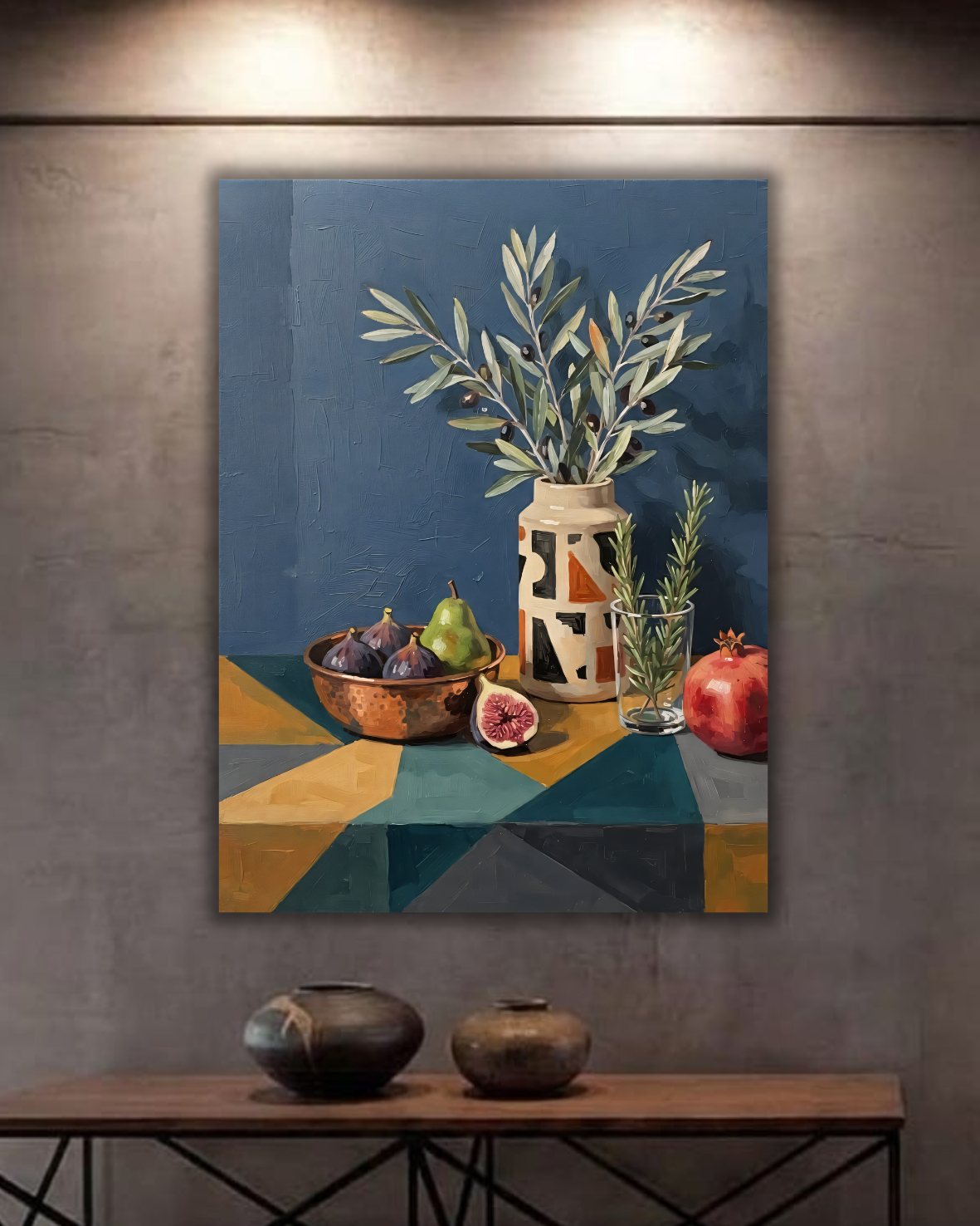 Modern Mediterranean Still Life Canvas Print - Slate Blue Slate & Fig Harvest Wall Art