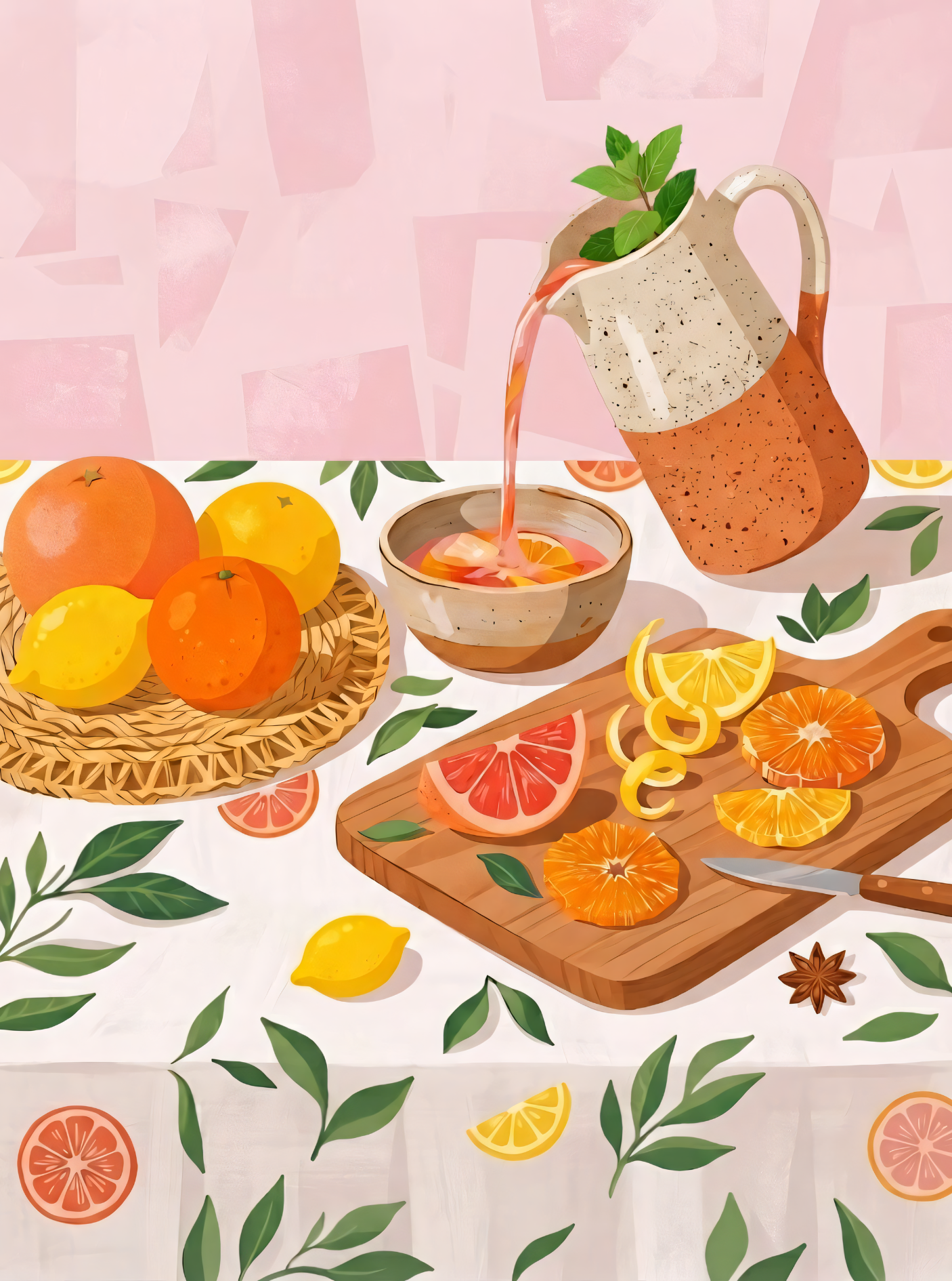 Modern Citrus Harvest Still Life Canvas Print - Pink & Orange Kitchen Wall Art