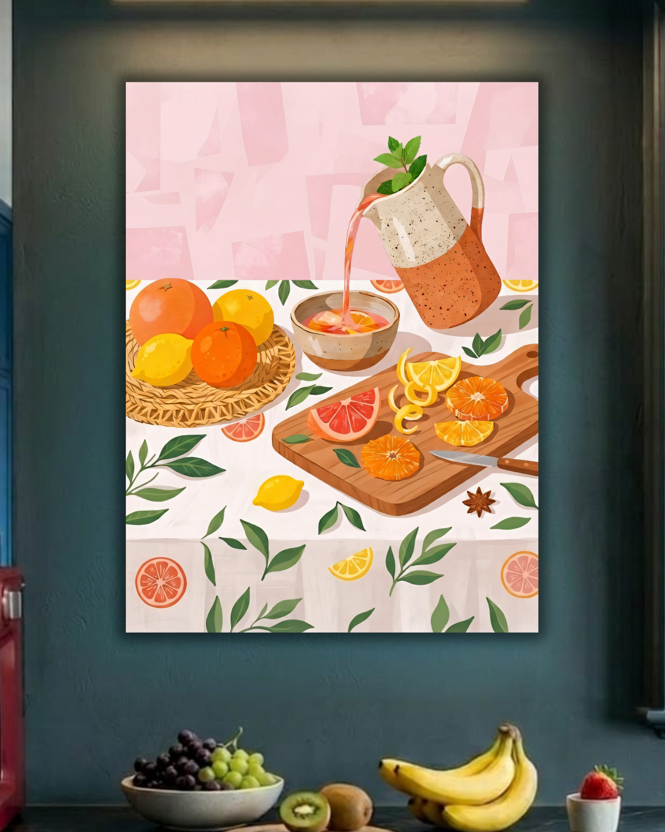 Modern Citrus Harvest Still Life Canvas Print - Pink & Orange Kitchen Wall Art