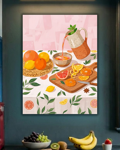 Modern Citrus Harvest Still Life Canvas Print - Pink & Orange Kitchen Wall Art