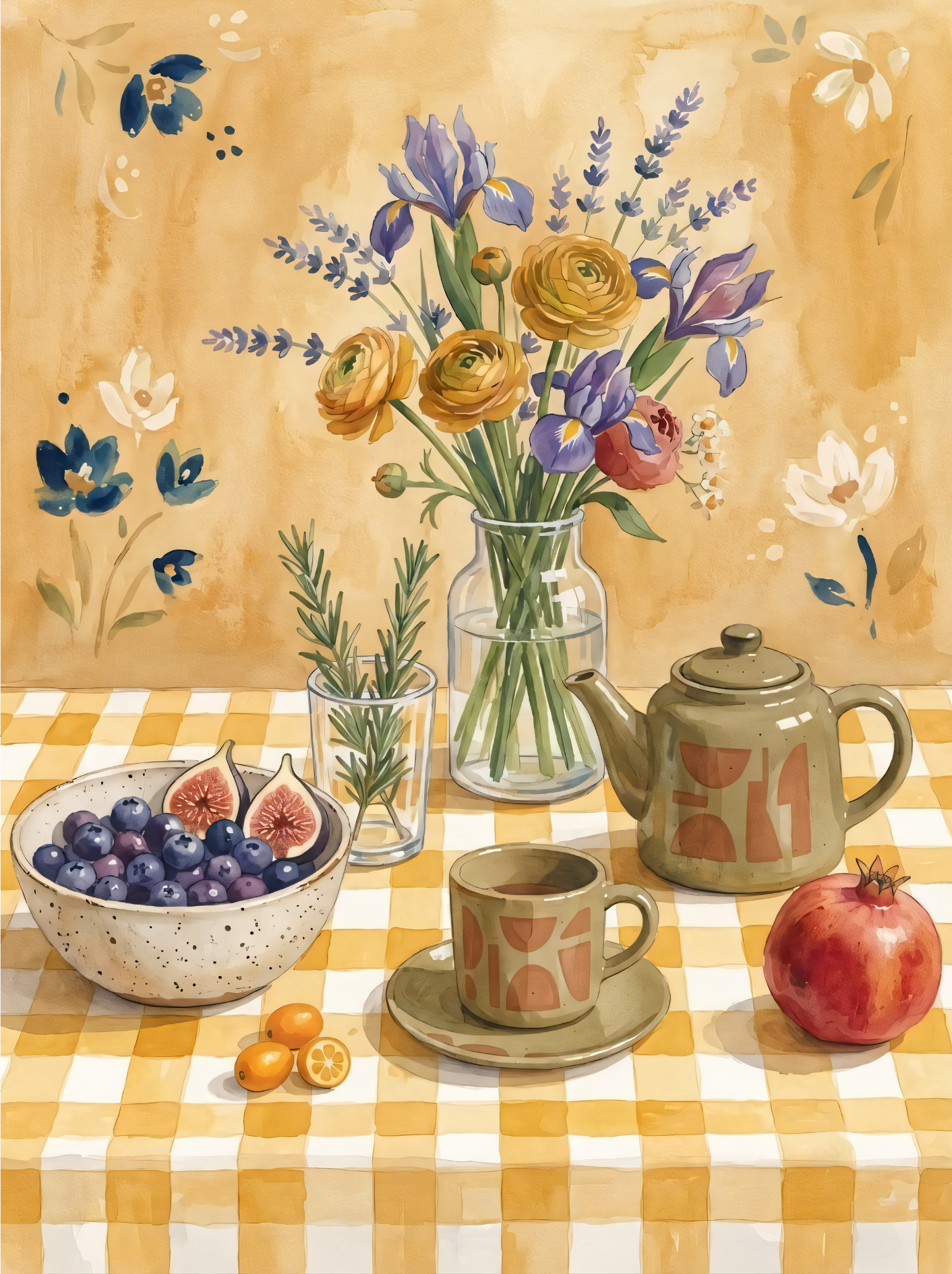 Modern Watercolor Floral Still Life Canvas Print - Warm Ochre Tea & Harvest Table Wall Art
