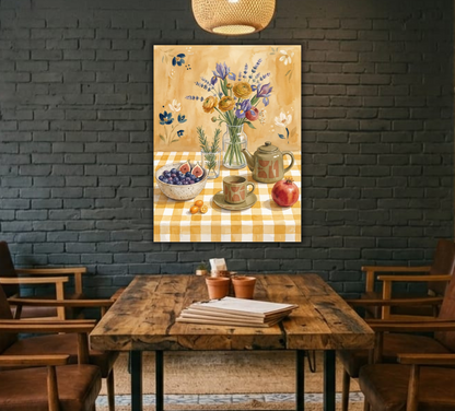 Modern Watercolor Floral Still Life Canvas Print - Warm Ochre Tea & Harvest Table Wall Art