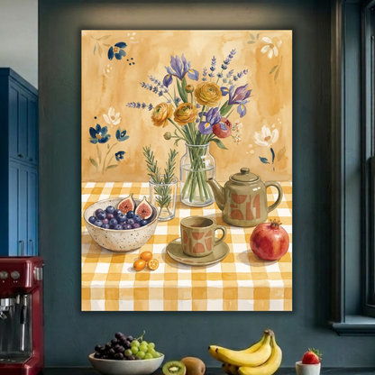 Modern Watercolor Floral Still Life Canvas Print - Warm Ochre Tea & Harvest Table Wall Art