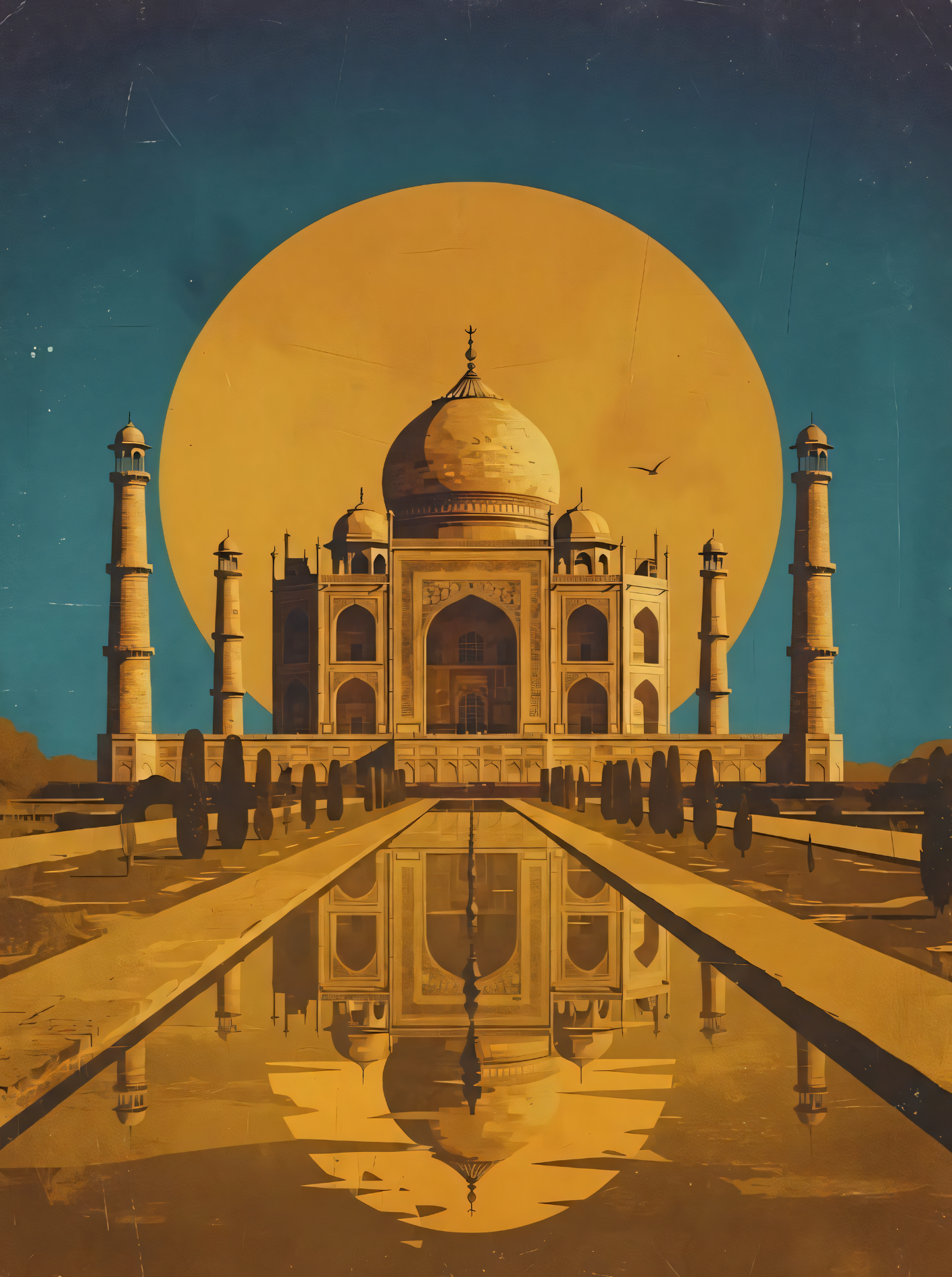 Vintage Taj Mahal Landscape Canvas Print - Warm Gold & Teal Sunset Architecture Wall Art