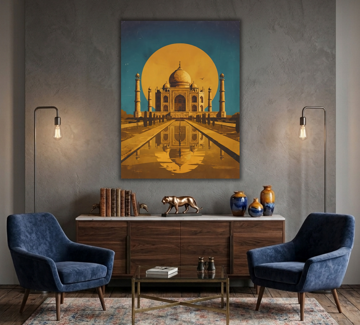 Vintage Taj Mahal Landscape Canvas Print - Warm Gold & Teal Sunset Architecture Wall Art
