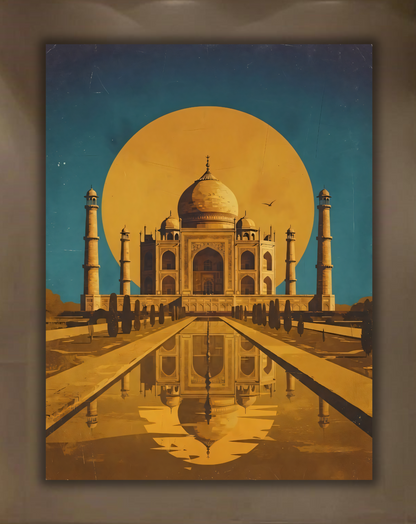 Vintage Taj Mahal Landscape Canvas Print - Warm Gold & Teal Sunset Architecture Wall Art
