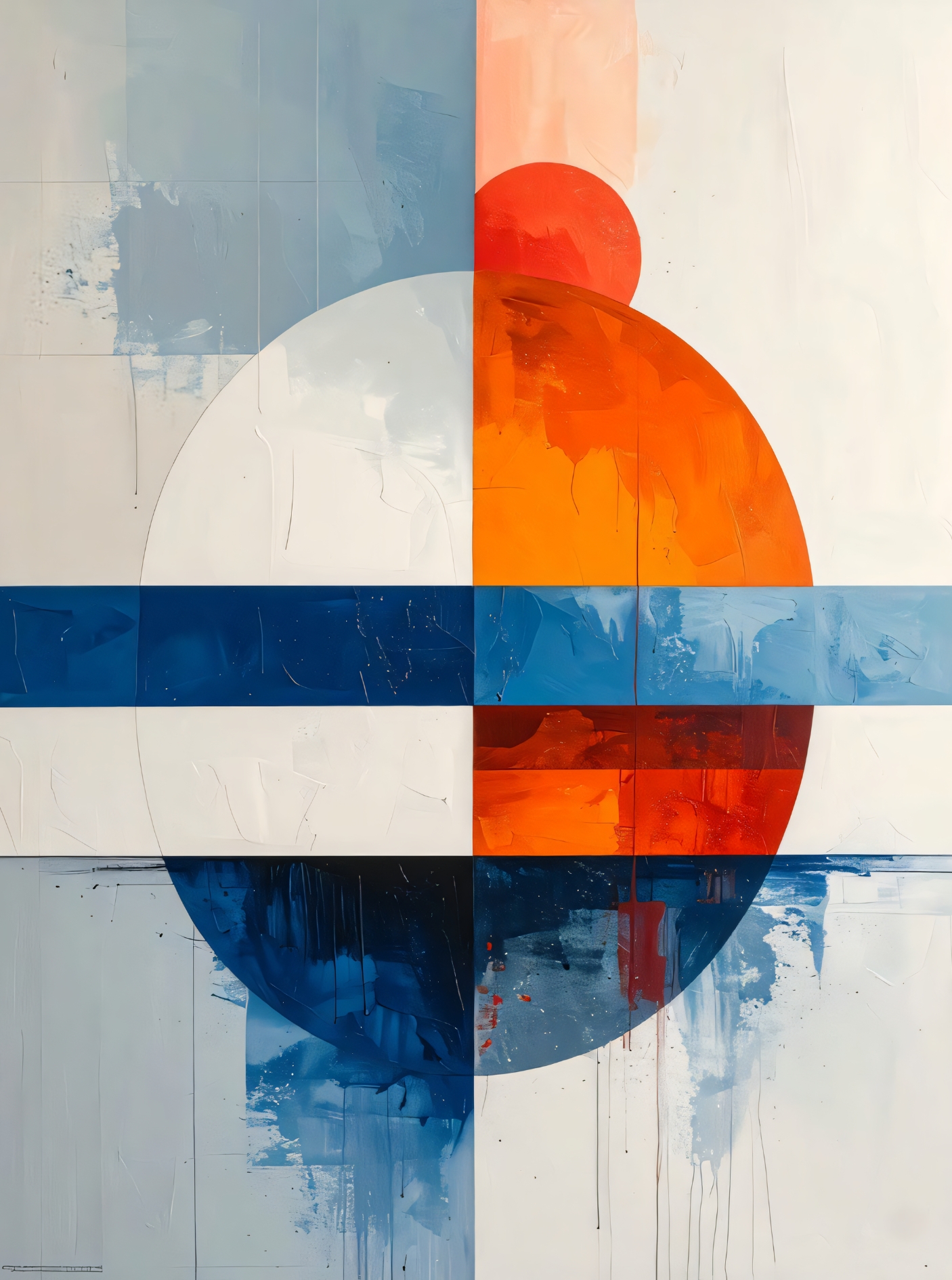 Modern Bauhaus Geometric Abstract Canvas Print - Coral Orange & Slate Blue Sphere Wall Art