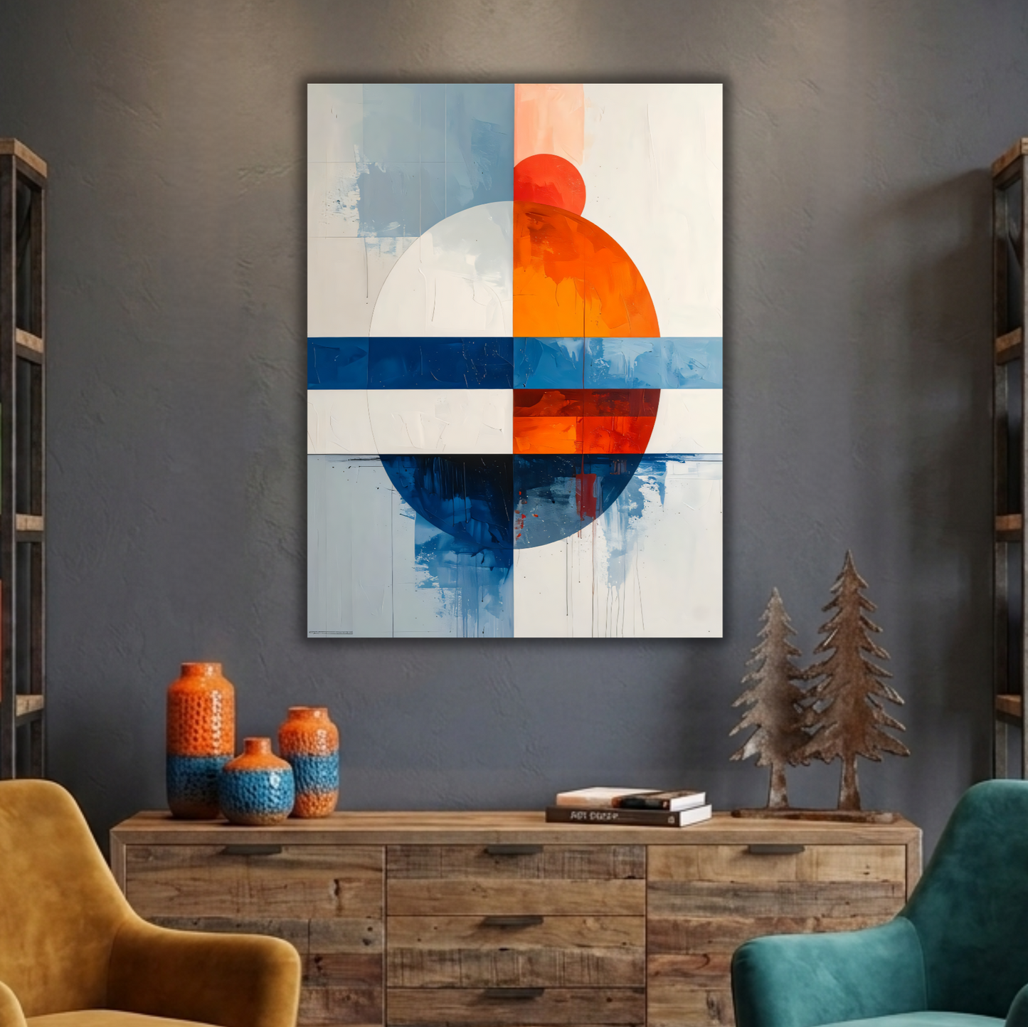 Modern Bauhaus Geometric Abstract Canvas Print - Coral Orange & Slate Blue Sphere Wall Art