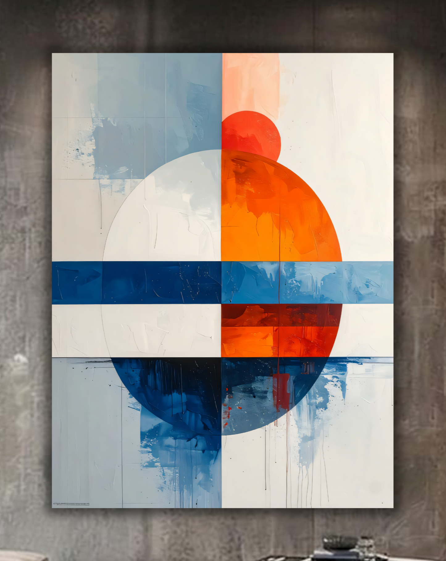 Modern Bauhaus Geometric Abstract Canvas Print - Coral Orange & Slate Blue Sphere Wall Art