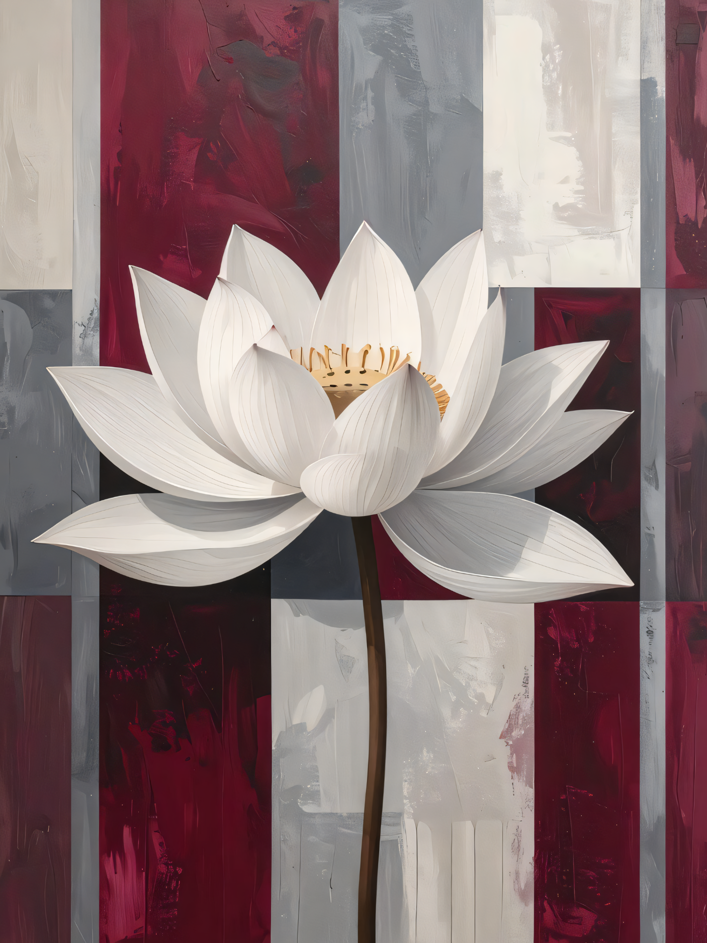 Modern White Lotus Flower Canvas Print - Burgundy Red & Slate Grey Abstract Grid Wall Art