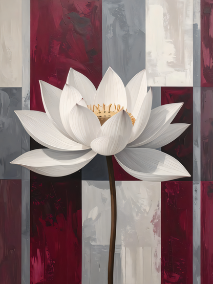 Modern White Lotus Flower Canvas Print - Burgundy Red & Slate Grey Abstract Grid Wall Art