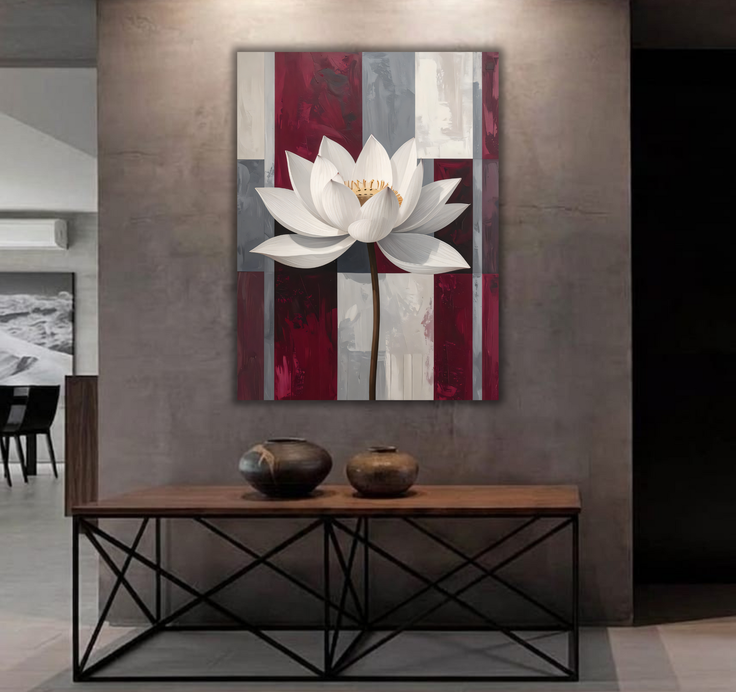 Modern White Lotus Flower Canvas Print - Burgundy Red & Slate Grey Abstract Grid Wall Art
