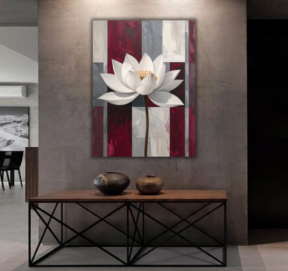 Modern White Lotus Flower Canvas Print - Burgundy Red & Slate Grey Abstract Grid Wall Art