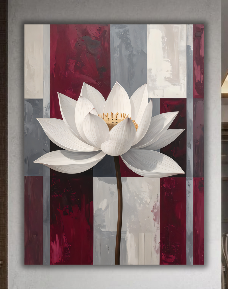 Modern White Lotus Flower Canvas Print - Burgundy Red & Slate Grey Abstract Grid Wall Art