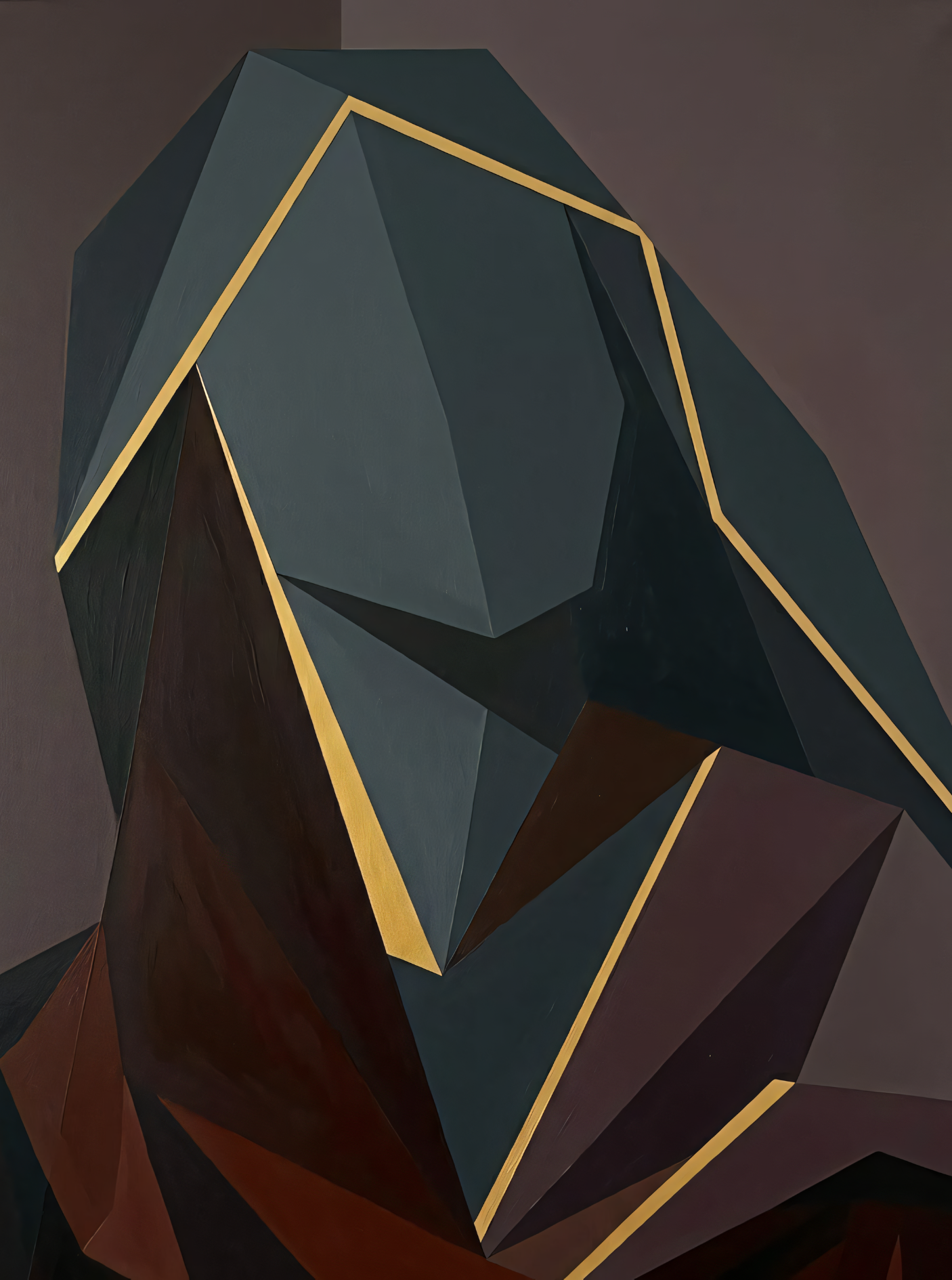 Modern Geometric Cubist Portrait Canvas Print - Charcoal & Gold Abstract Wall Art